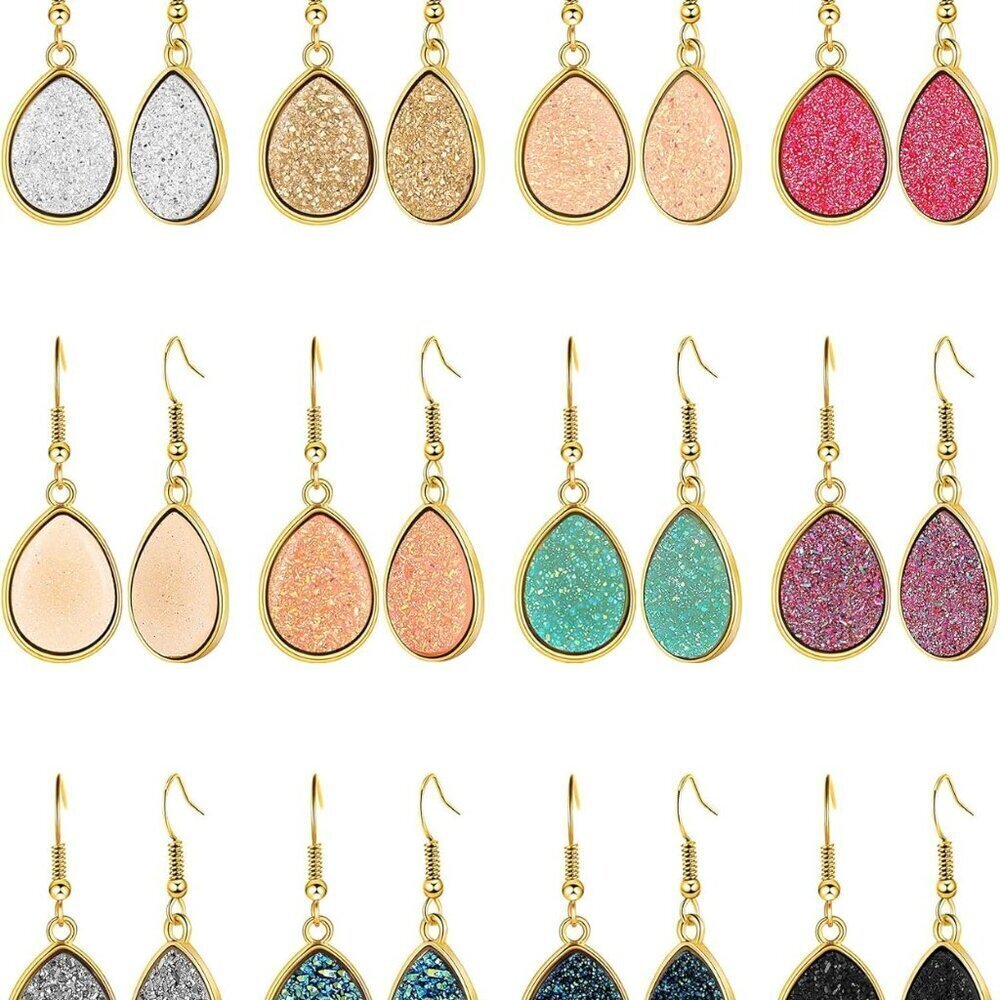 Faux Druzy Drop Earrings Resin Stainless Steel 12 Pairs for Women